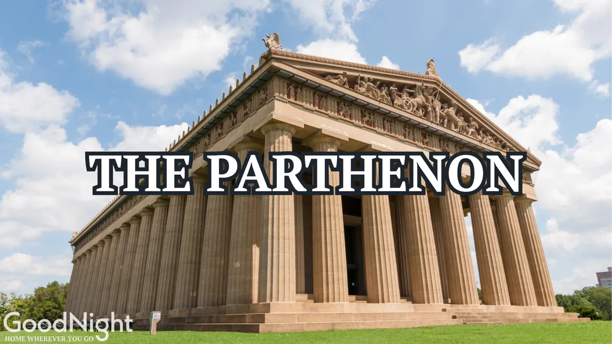 This image displays Nashville's iconic Parthenon structure, featuring stately columns, intricate friezes, and grand architectural details. The scene is set outdoors and captures the grandeur and historical significance of this must-see attraction, with a sense of awe and discovery.