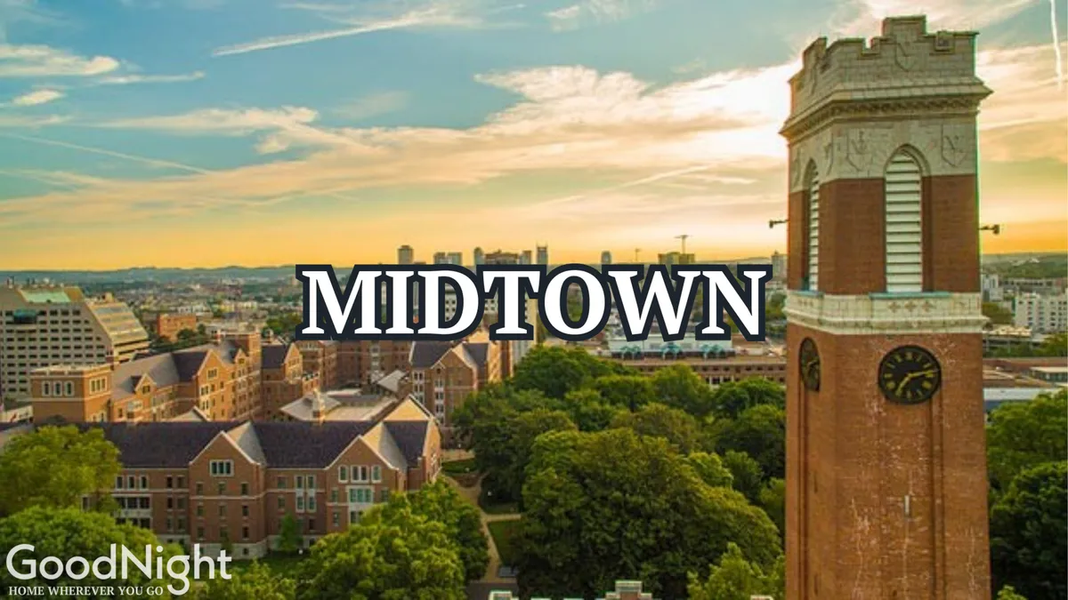 A sweeping cityscape anchored by a tall historic clock tower, framed by lush green trees and classic buildings. The Nashville skyline unfolds in the distance, capturing both historic and modern elements and evoking a sense of urban exploration and iconic views.